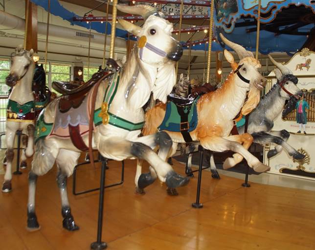 A group of horses on a merry go round

Description automatically generated