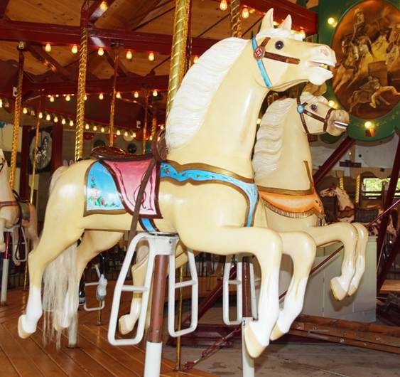 A person sitting at a table in front of a carousel
Description automatically generated